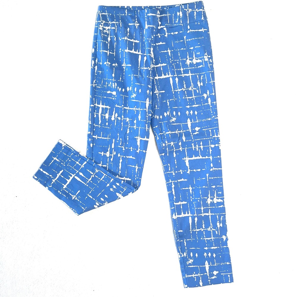 Krazy Larry Blue White Abstract Grid Print Pull On Ankle Pants Size 6 USA Made